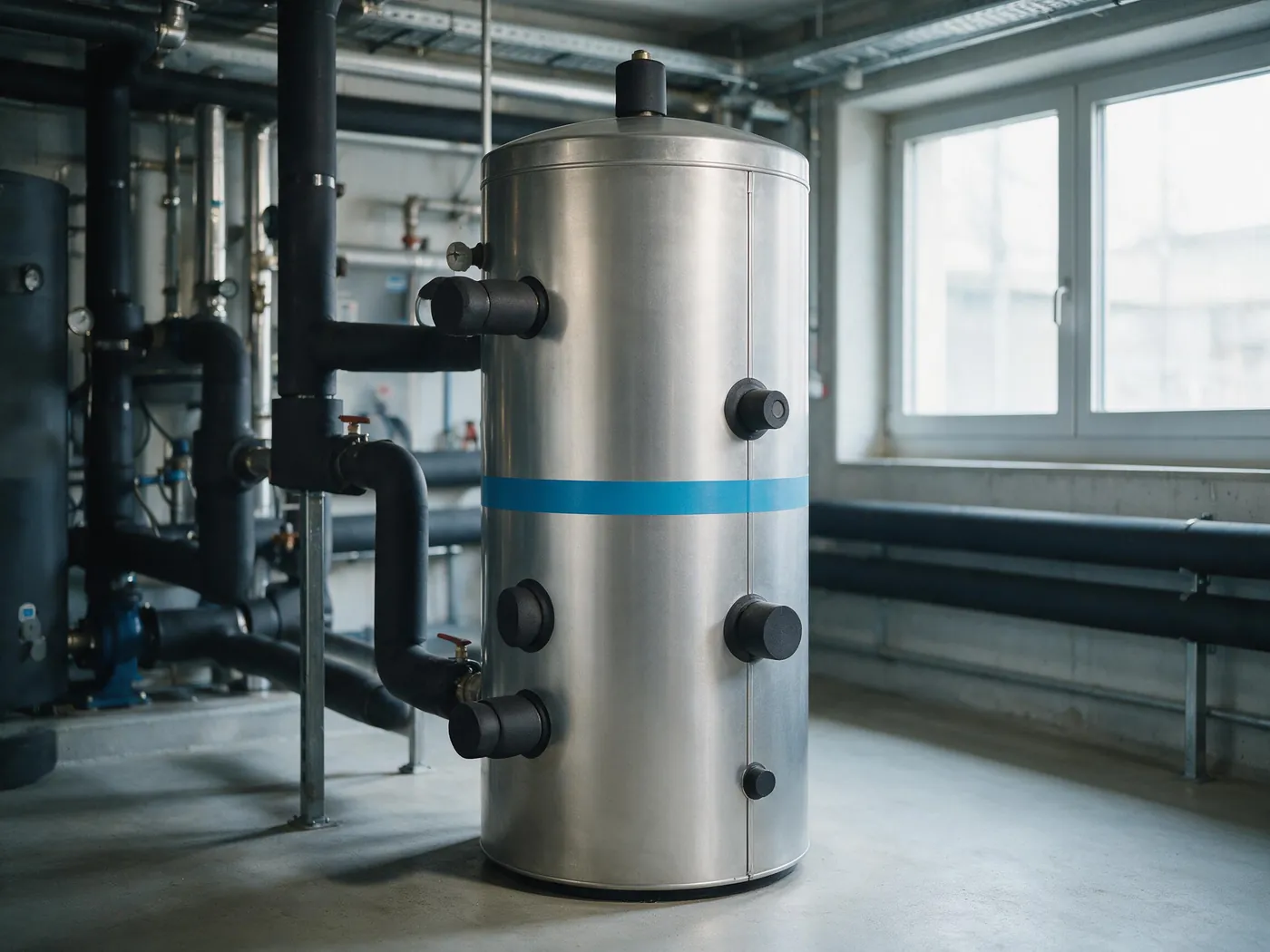 Stehender Pufferspeicher mit passgenauem zylindrischem Aluminiummantel