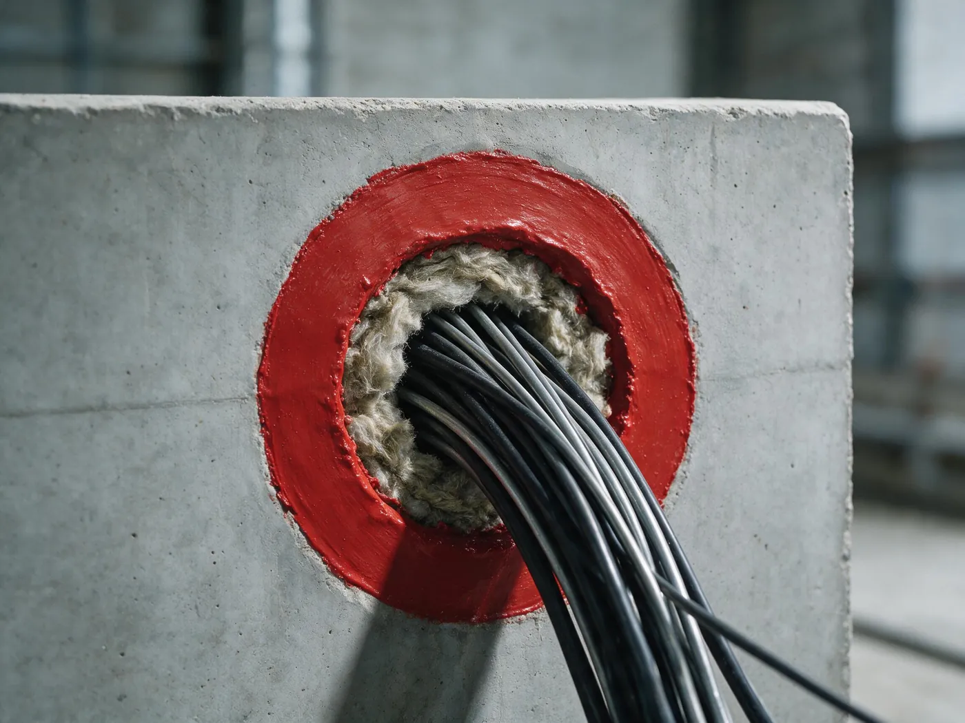 Abgeschottete Kabel- und Rohrdurchführung mit roter Brandschutzbeschichtung
