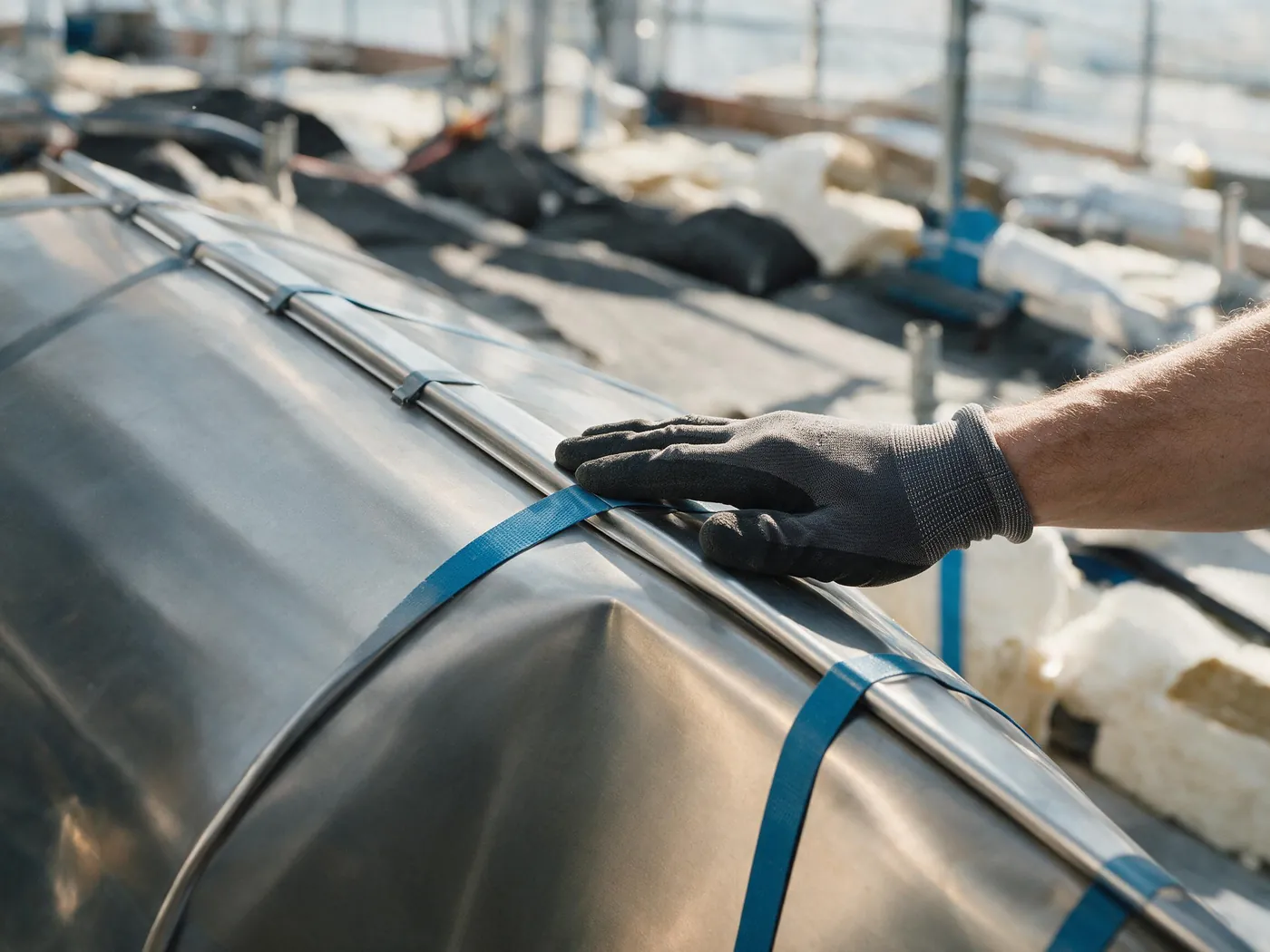 Abschlusskontrolle: eine Hand prüft die Schliessnaht einer Blechverkleidung