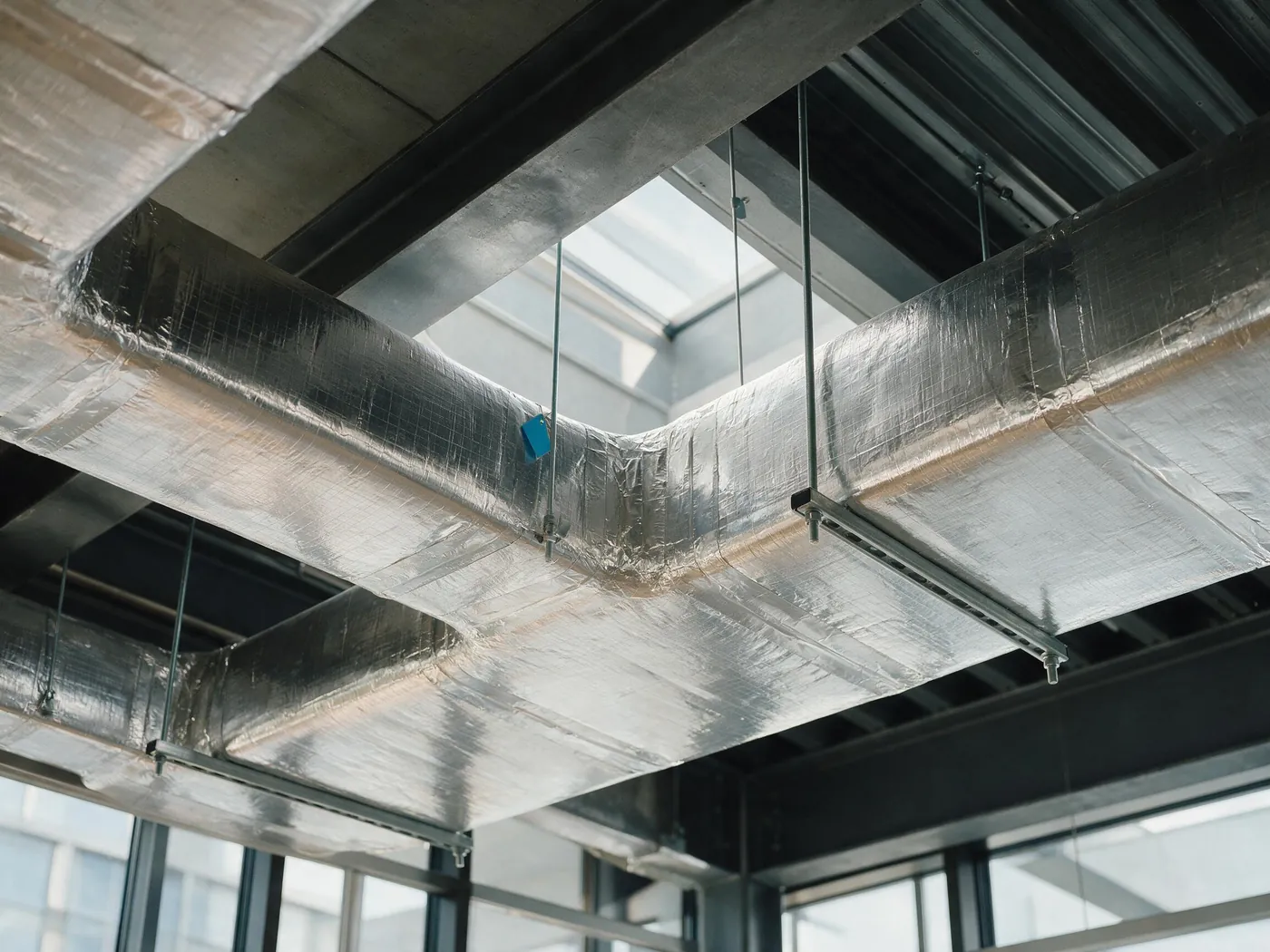 Gedämmte Lüftungskanäle mit Aluminiumkaschierung im Deckenhohlraum