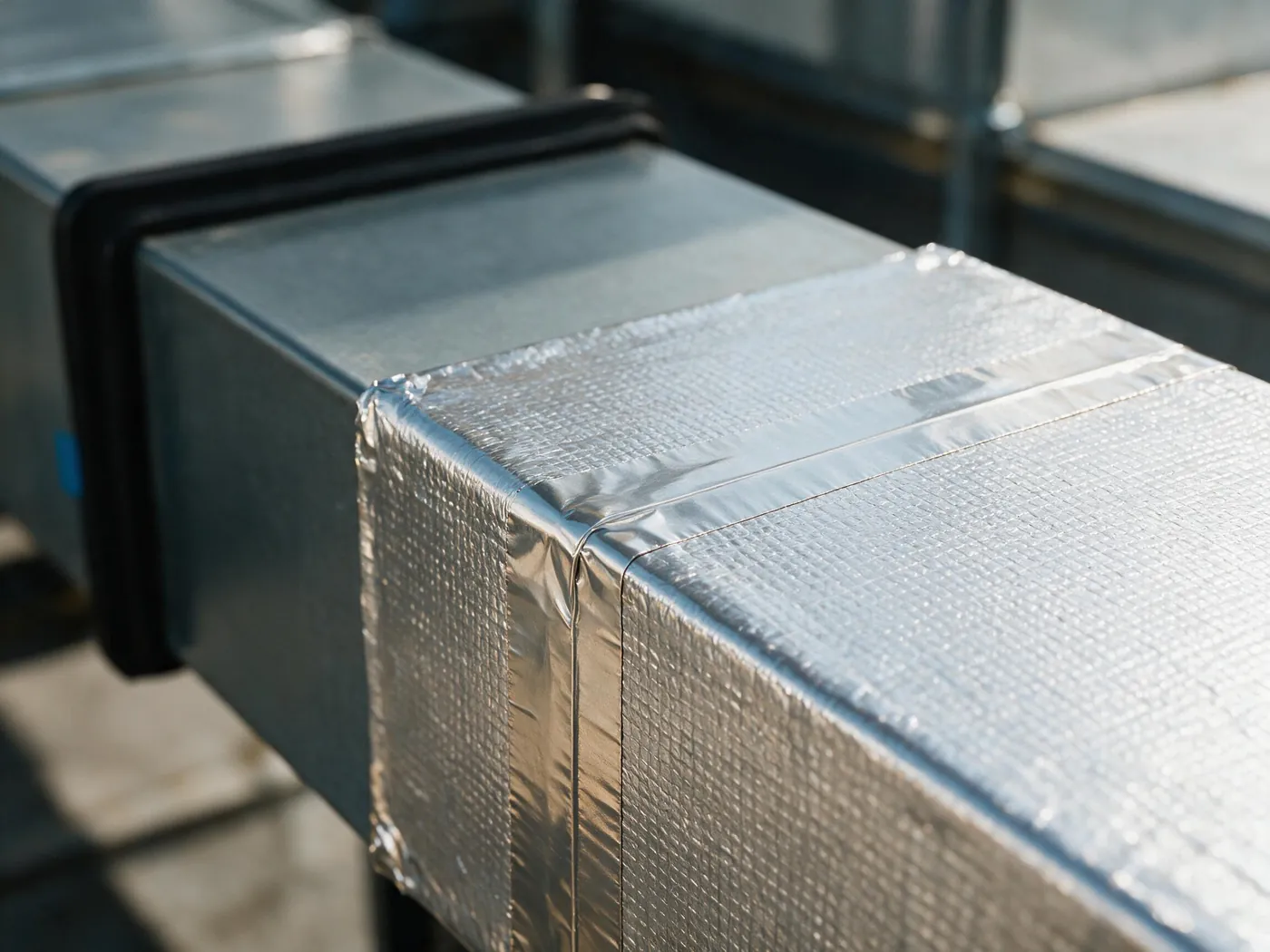 Detail der Kanaldämmung: Aluminiumkaschierung mit gerade abgezogenem Klebeband
