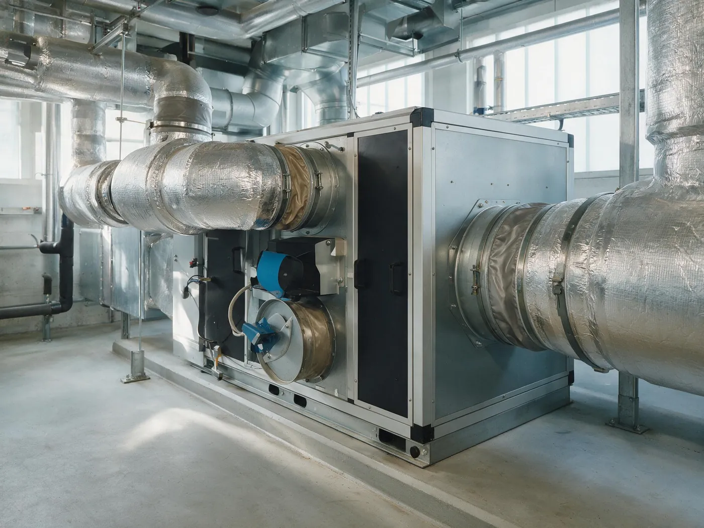 Lüftungsmonoblock mit gedämmten Kanalanschlüssen in der Technikzentrale
