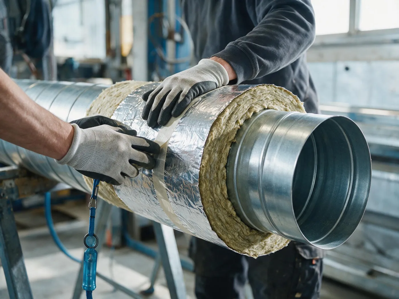 Wickelfalzrohr wird mit kaschierter Mineralwollmatte gedämmt
