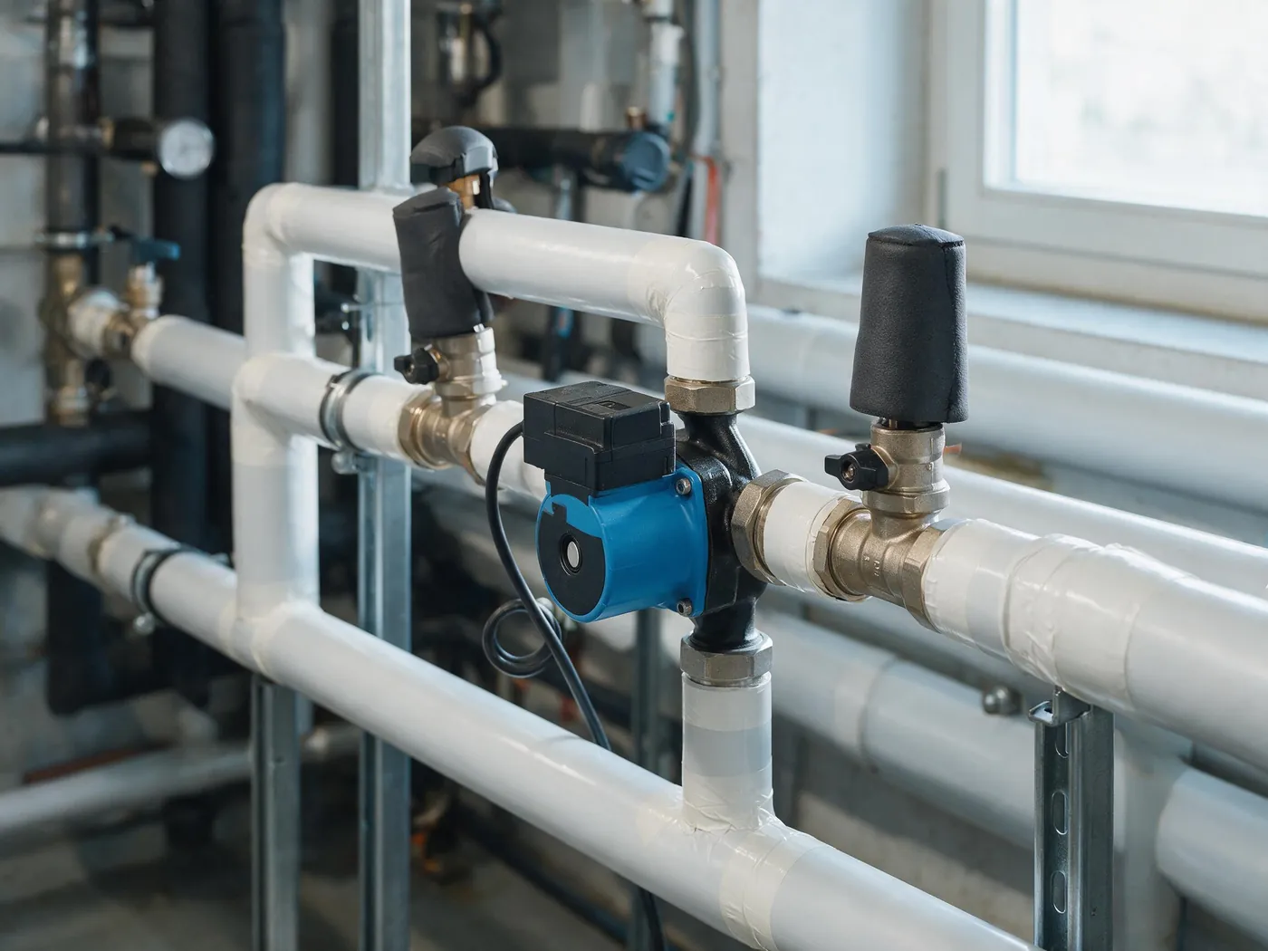 Gedämmte Warmwasserverteilung mit abnehmbaren Kappen auf den Armaturen