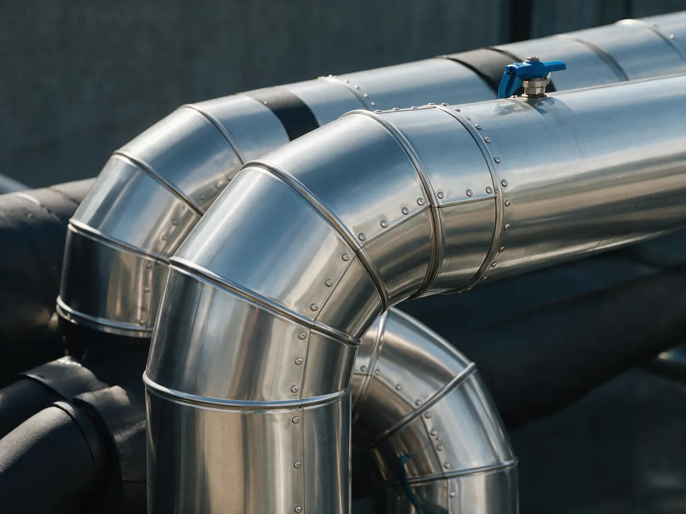 Blechmantel aus Aluminium auf gedämmten Leitungen mit sauberen Nietreihen