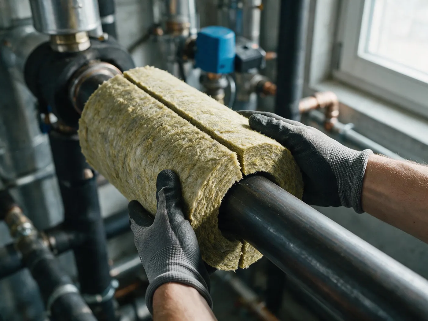 Hände in Arbeitshandschuhen legen eine Rohrschale aus Mineralwolle um eine Heizungsleitung