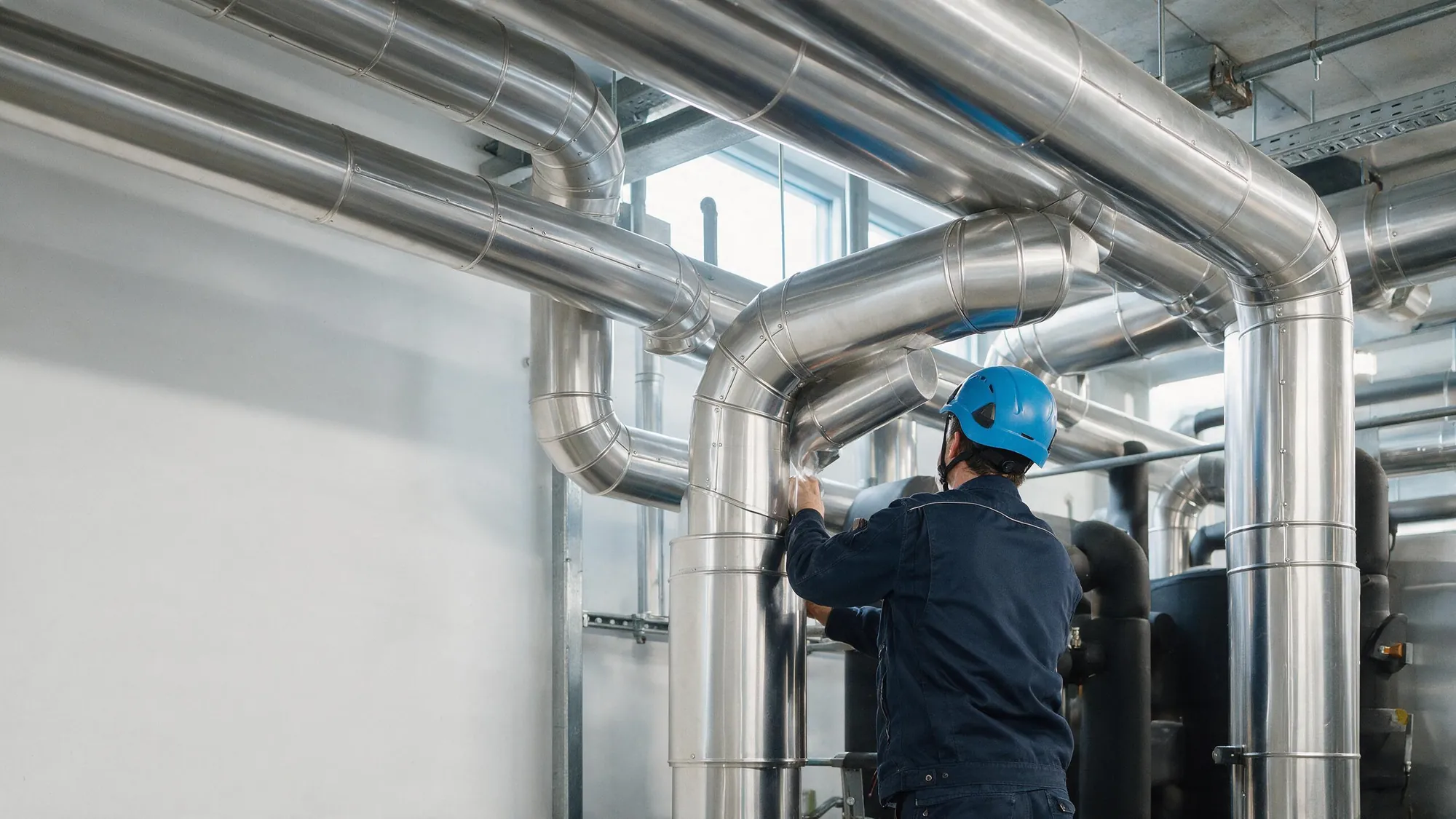 Isolierer arbeitet an gedämmten und in Aluminium eingekleideten Leitungen einer Technikzentrale