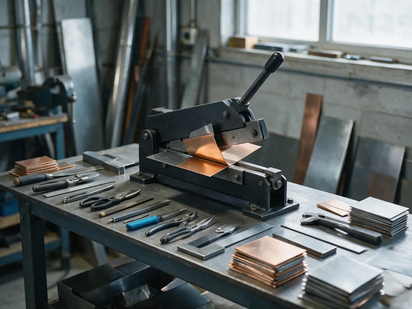 Werkbank in der Spenglerei mit Aluminiumblech auf der Abkantbank