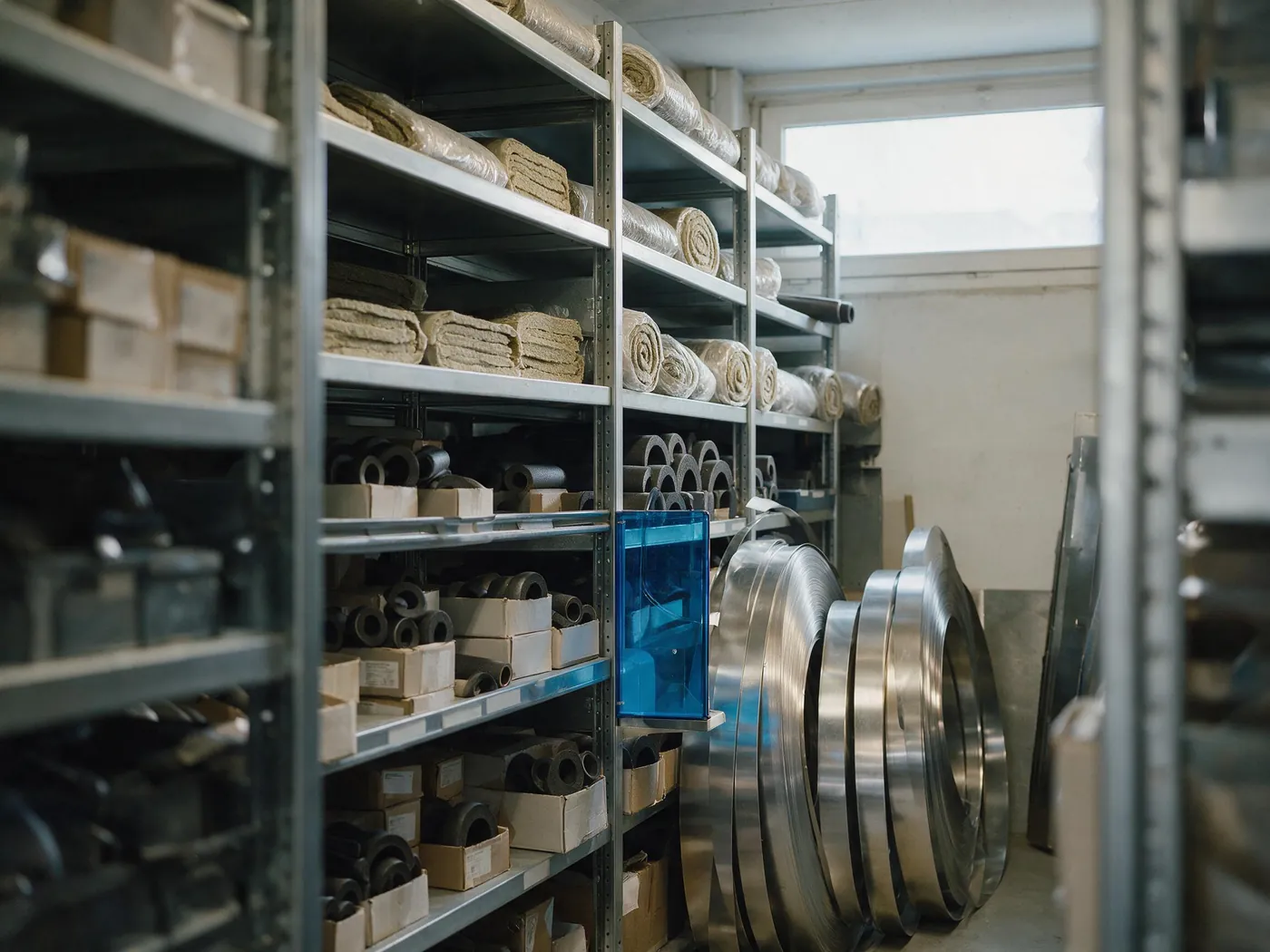 Geordnetes Materiallager mit Dämmrollen, Rohrschalen und Aluminiumblech