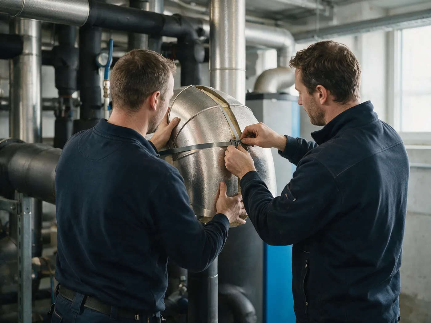 Zwei Isolierer montieren gemeinsam eine Blechverkleidung in einer Technikzentrale